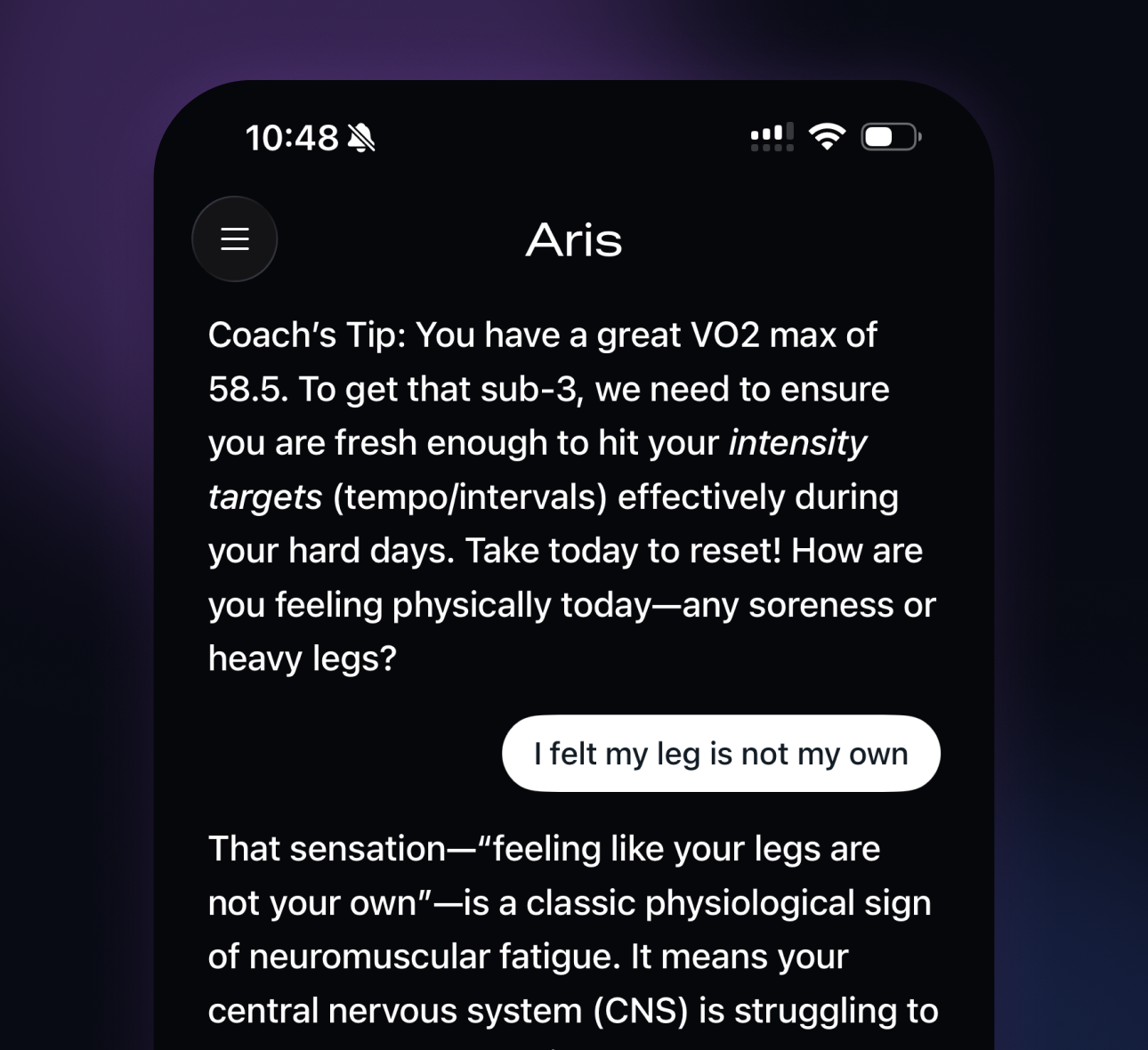 Aris AI chat guidance screenshot